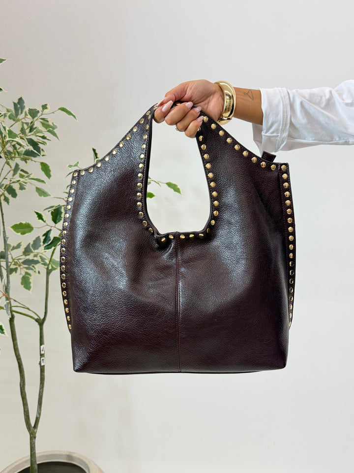 Adele — Borsa Donna Grande a Spalla in Ecopelle con Borchie e Cerniera, Lina Milano