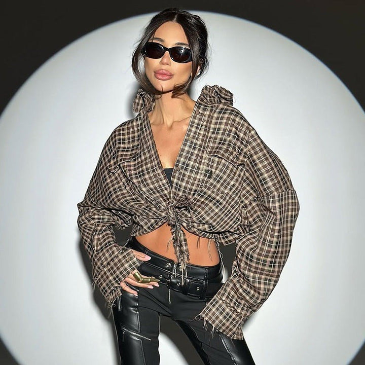 Camilla — Camicia a Quadri Donna Cropped Ampia con Bottoni e Maniche Lunghe, Lina Milano