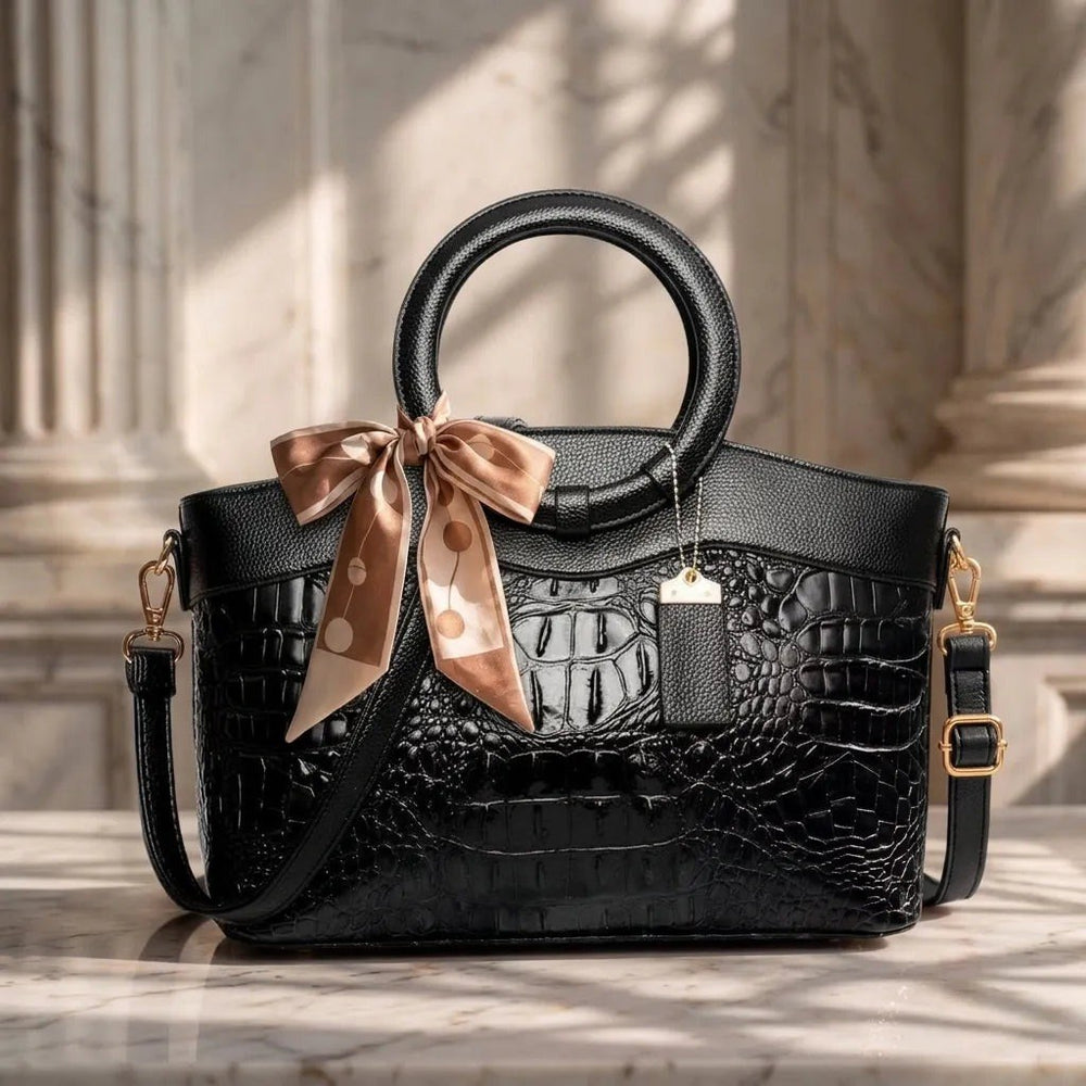 Concetta — Borsa Donna a Mano in Pelle Stampa Coccodrillo con Fiocco, Lina Milano