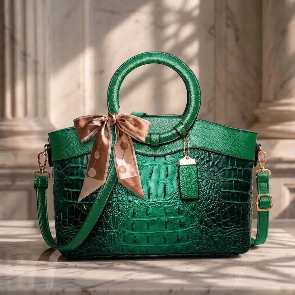 Concetta — Borsa Donna a Mano in Pelle Stampa Coccodrillo con Fiocco, Lina Milano
