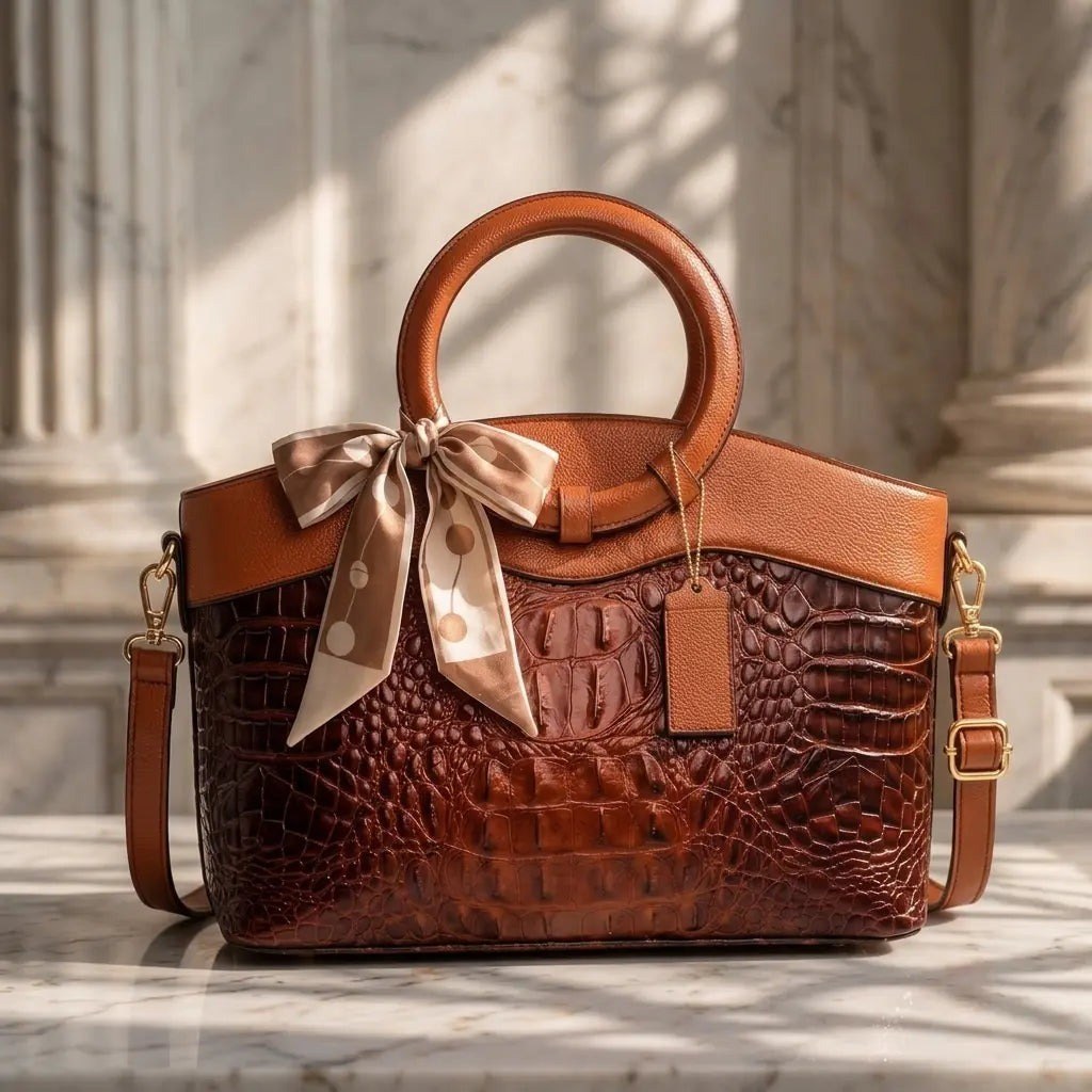 Concetta — Borsa Donna a Mano in Pelle Stampa Coccodrillo con Fiocco, Lina Milano