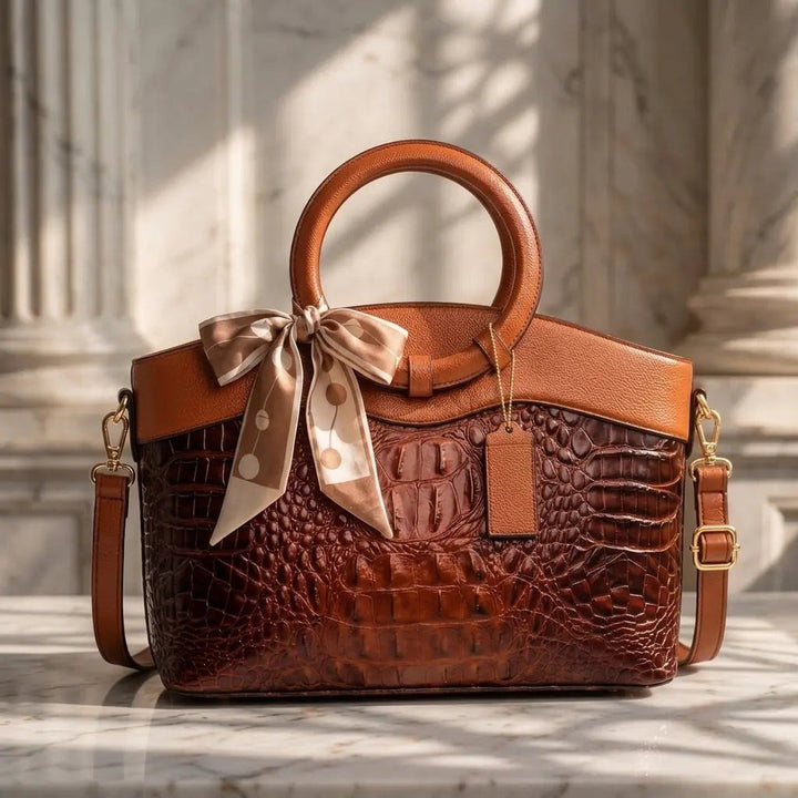 Concetta — Borsa Donna a Mano in Pelle Stampa Coccodrillo con Fiocco, Lina Milano