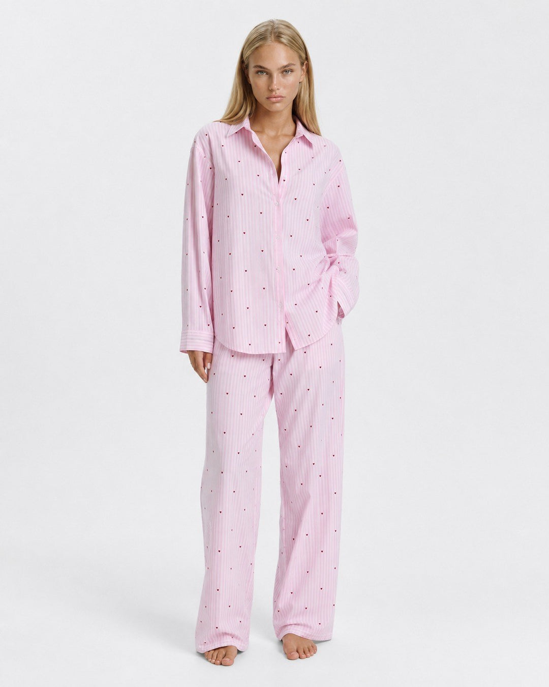 Adelina — Pigiami Donna Oversize a Righe e Cuori con Bottoni, Lina Milano