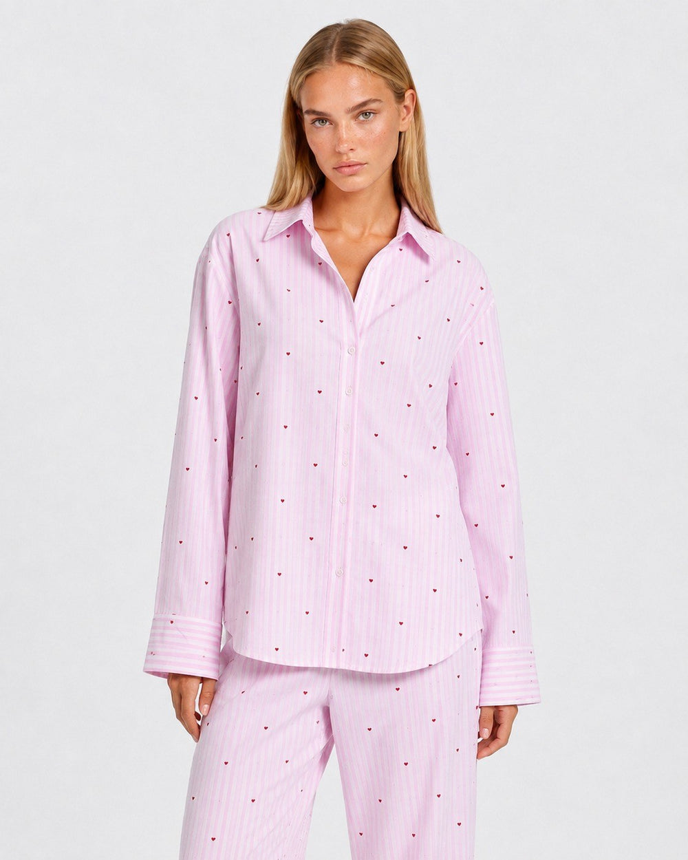 Adelina — Pigiami Donna Oversize a Righe e Cuori con Bottoni, Lina Milano