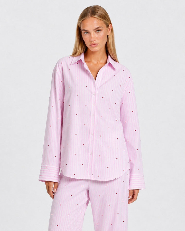 Adelina — Pigiami Donna Oversize a Righe e Cuori con Bottoni, Lina Milano