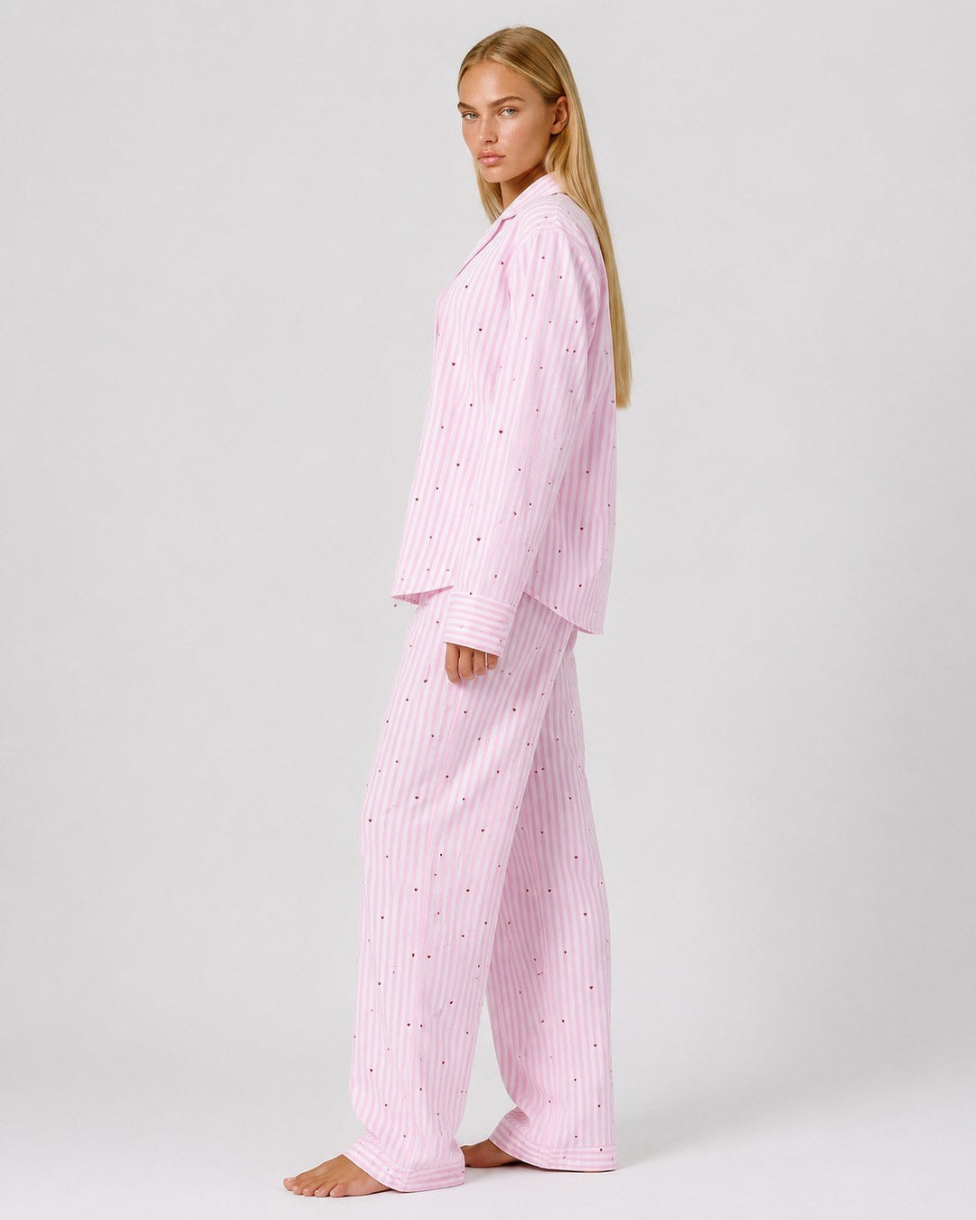 Adelina — Pigiami Donna Oversize a Righe e Cuori con Bottoni, Lina Milano