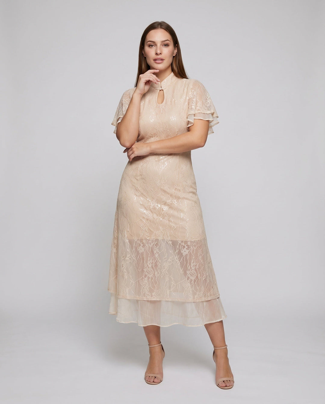 Elisa — Vestito di Pizzo Donna Elegante Maniche Corte Collo alla Coreana, Lina Milano