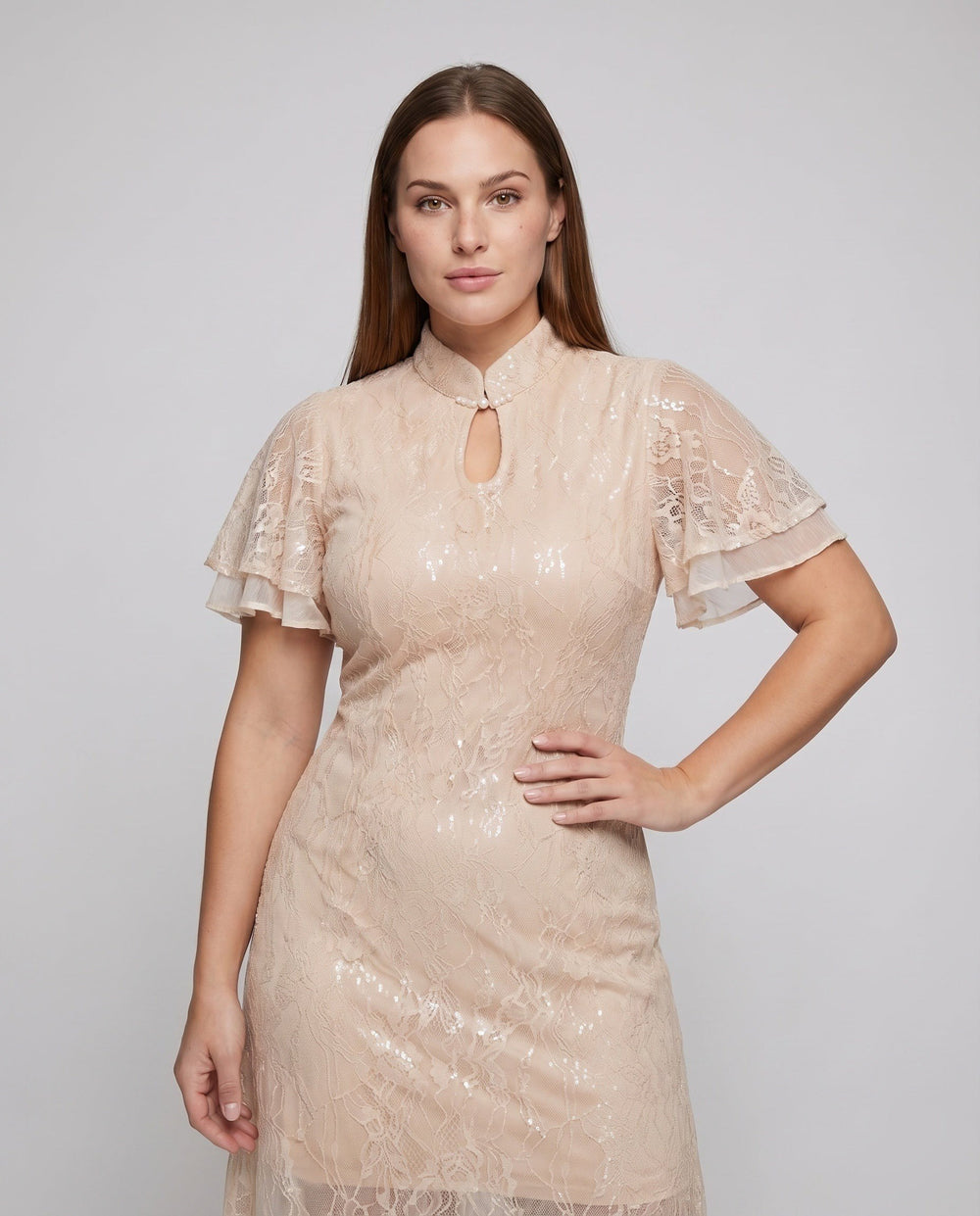 Elisa — Vestito di Pizzo Donna Elegante Maniche Corte Collo alla Coreana, Lina Milano