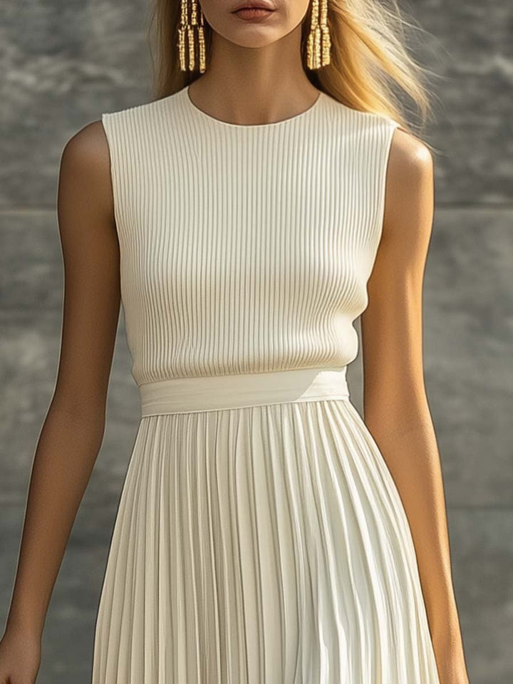 Elsa — Abito Lungo Donna Smanicato in Maglia con Gonna Plissé, Lina Milano