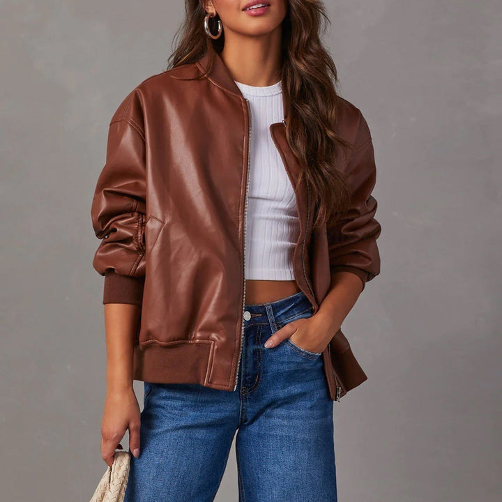 Elvira — Giacca Donna Bomber Oversize in Ecopelle con Bordo a Coste, Lina Milano