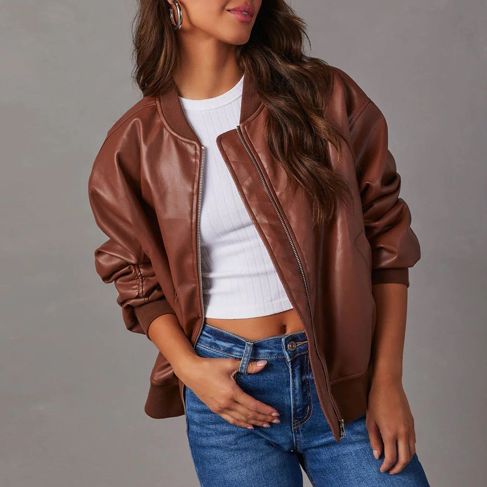 Elvira — Giacca Donna Bomber Oversize in Ecopelle con Bordo a Coste, Lina Milano