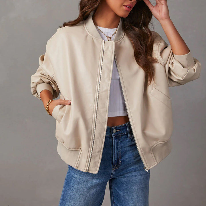 Elvira — Giacca Donna Bomber Oversize in Ecopelle con Bordo a Coste, Lina Milano