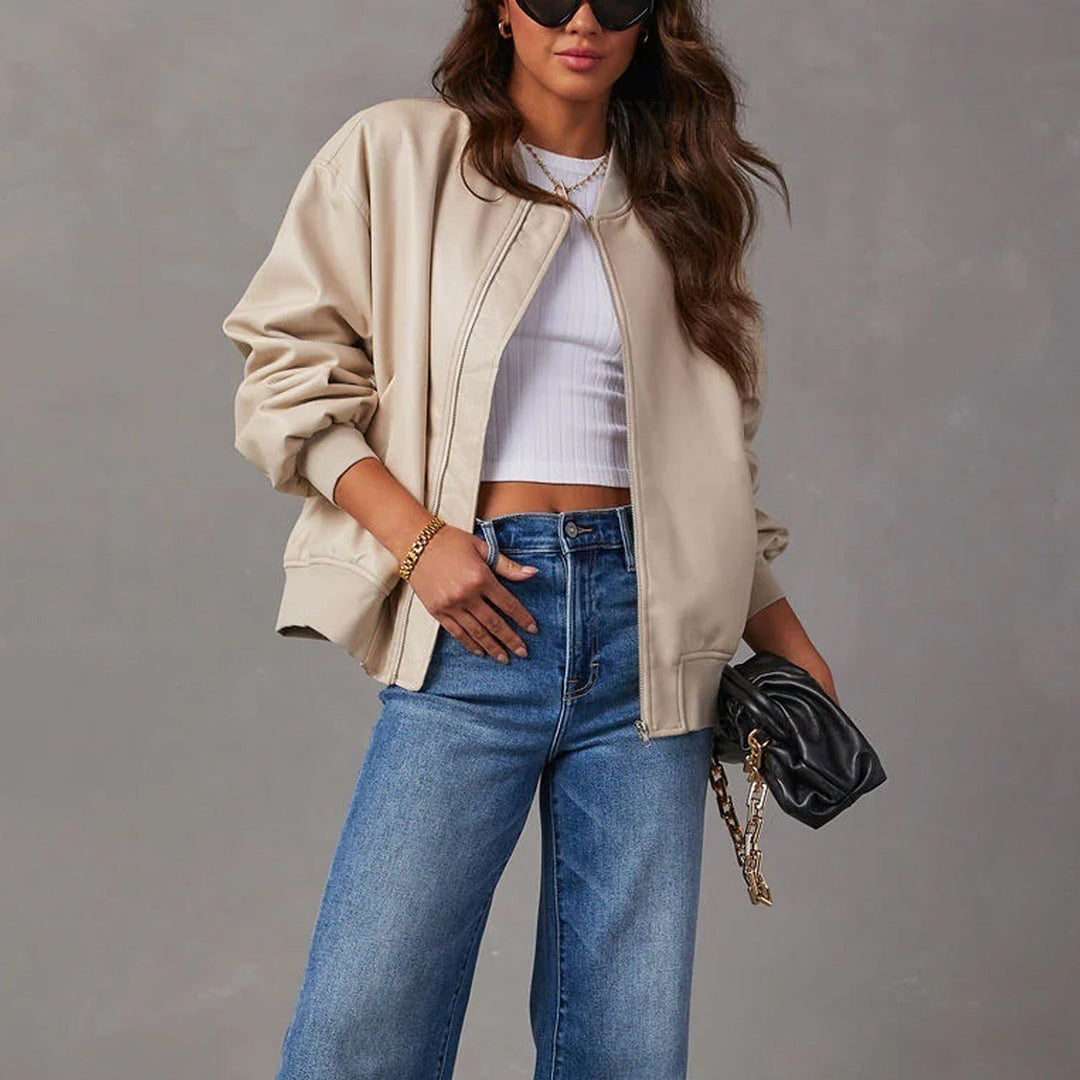 Elvira — Giacca Donna Bomber Oversize in Ecopelle con Bordo a Coste, Lina Milano