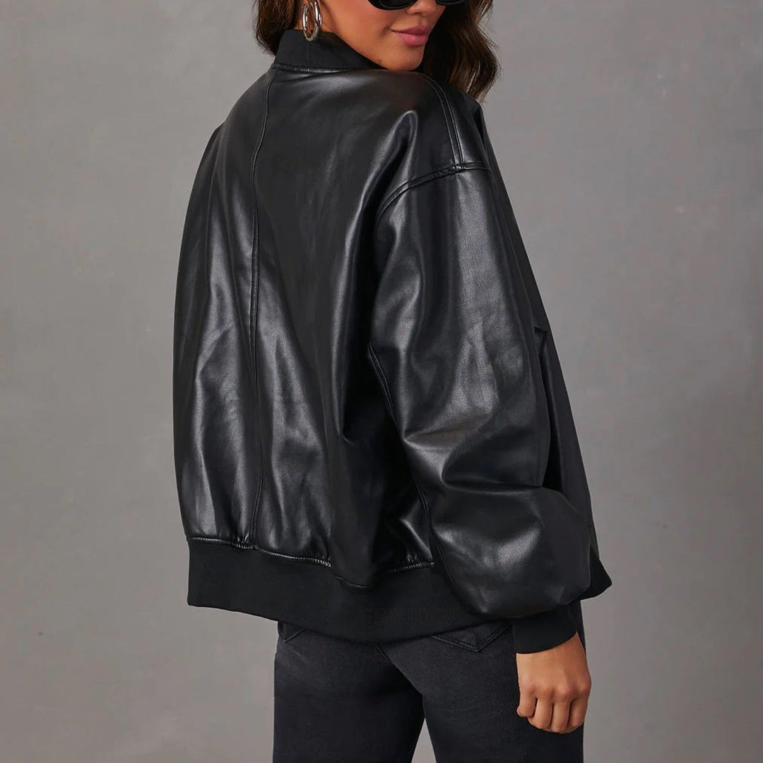 Elvira — Giacca Donna Bomber Oversize in Ecopelle con Bordo a Coste, Lina Milano