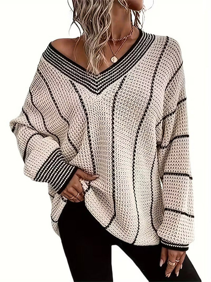Gemma — Maglione Oversize Donna a Righe Scollo V Leggero, Lina Milano
