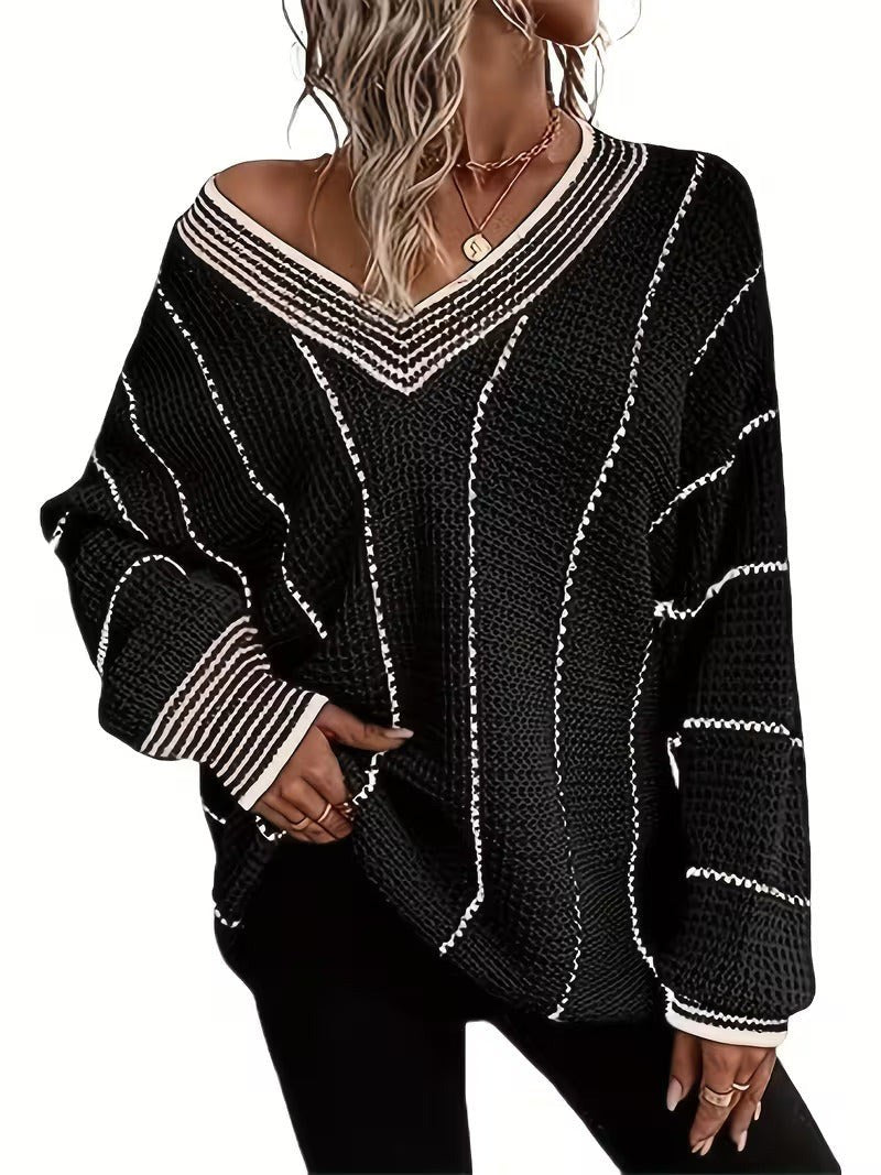 Gemma — Maglione Oversize Donna a Righe Scollo V Leggero, Lina Milano