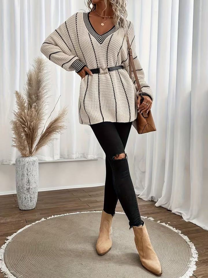 Gemma — Maglione Oversize Donna a Righe Scollo V Leggero, Lina Milano