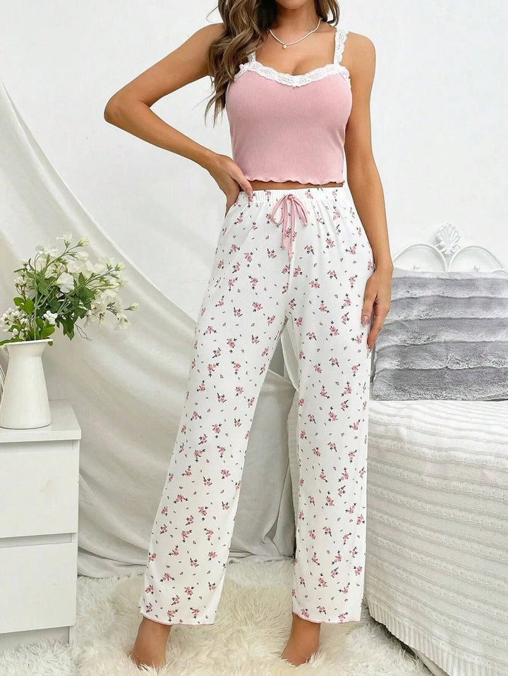 Filomena — Pigiami Donna a Fiori Smanicati con Bordo in Pizzo e Coulisse, Lina Milano