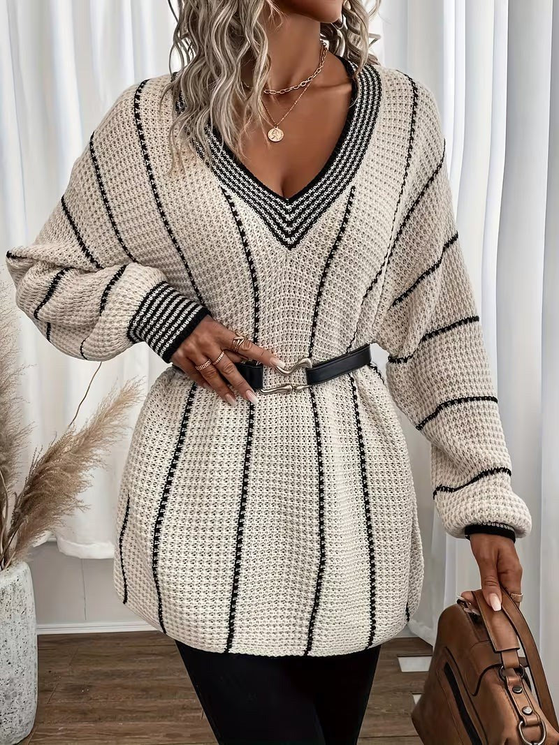 Gemma — Maglione Oversize Donna a Righe Scollo V Leggero, Lina Milano