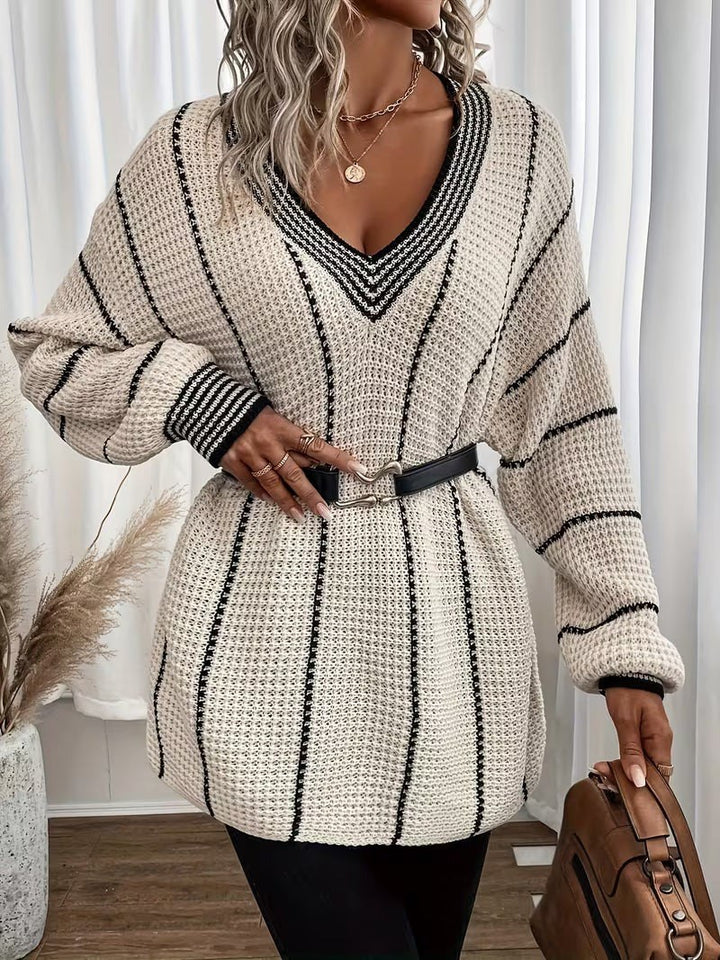 Gemma — Maglione Oversize Donna a Righe Scollo V Leggero, Lina Milano