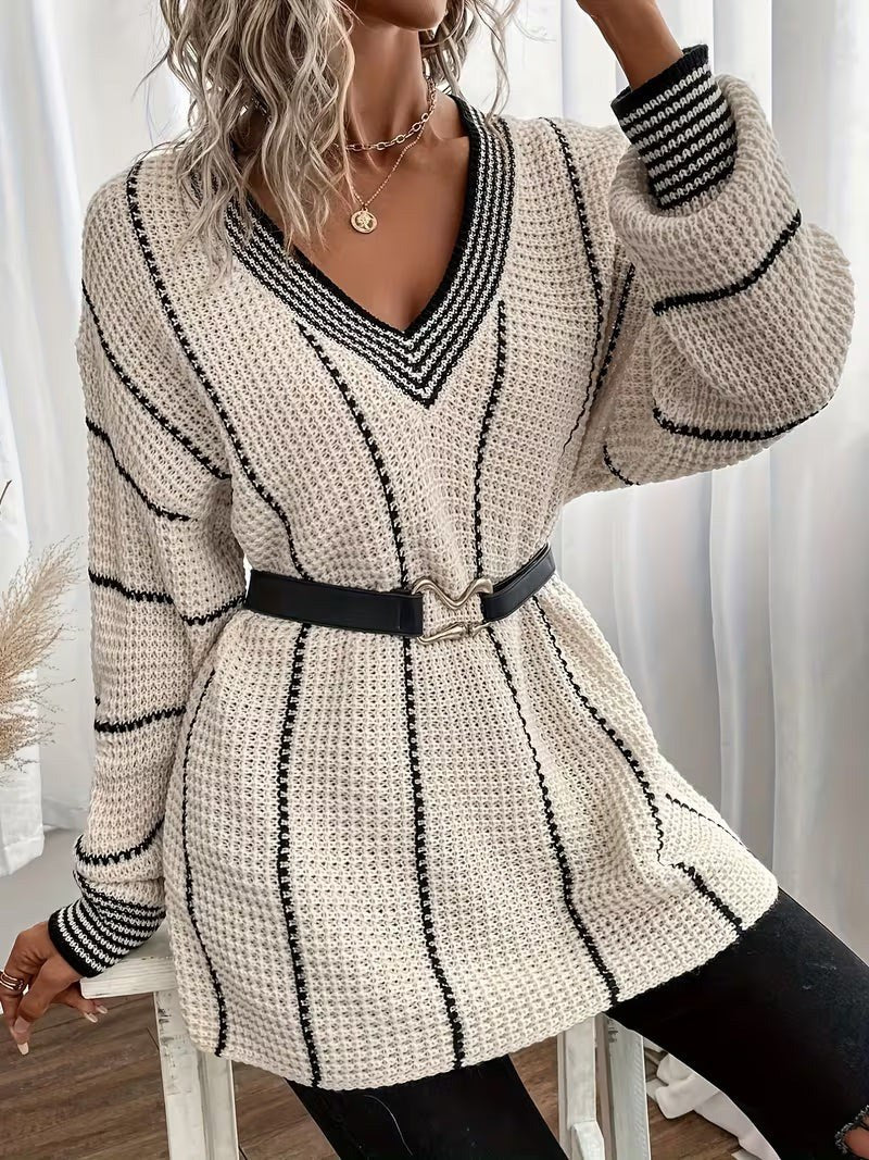 Gemma — Maglione Oversize Donna a Righe Scollo V Leggero, Lina Milano