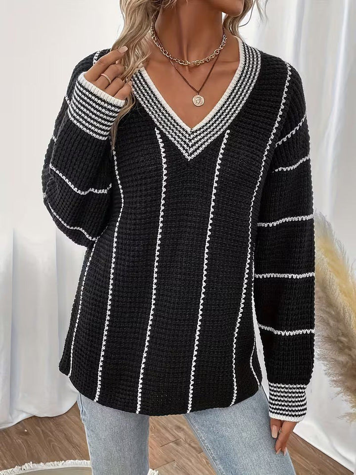Gemma — Maglione Oversize Donna a Righe Scollo V Leggero, Lina Milano