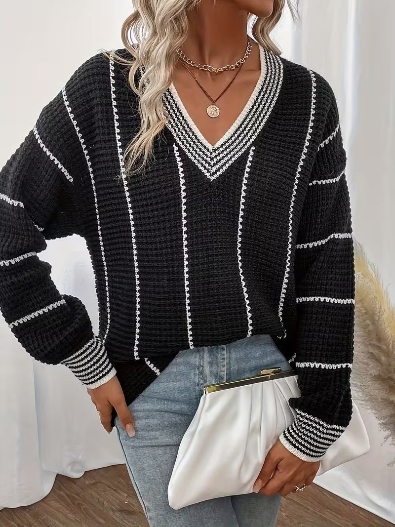 Gemma — Maglione Oversize Donna a Righe Scollo V Leggero, Lina Milano