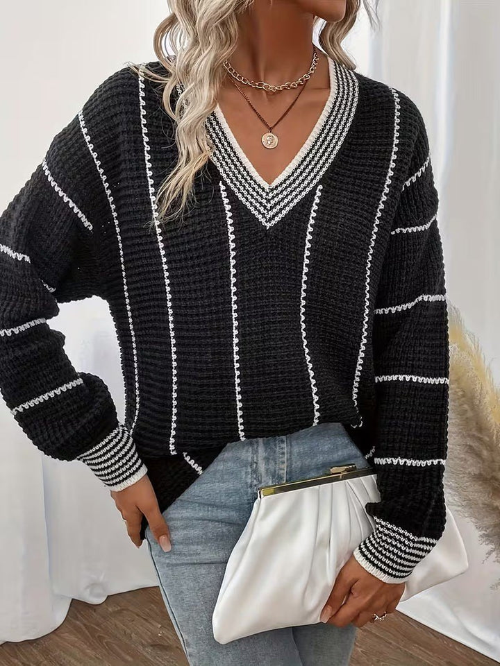Gemma — Maglione Oversize Donna a Righe Scollo V Leggero, Lina Milano