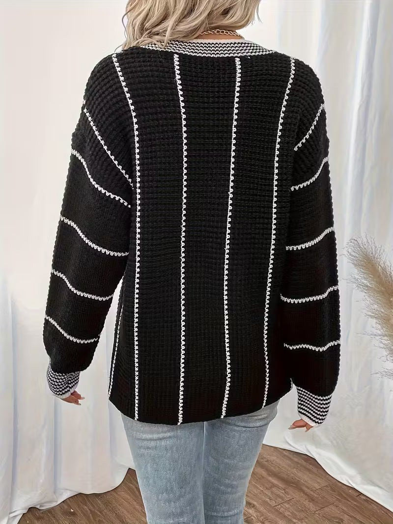 Gemma — Maglione Oversize Donna a Righe Scollo V Leggero, Lina Milano