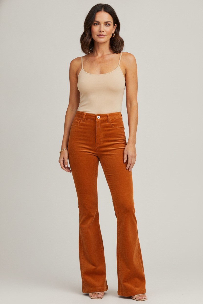 Giada — Pantaloni in Velluto Donna Larghi a Vita Alta con Bottone, Lina Milano