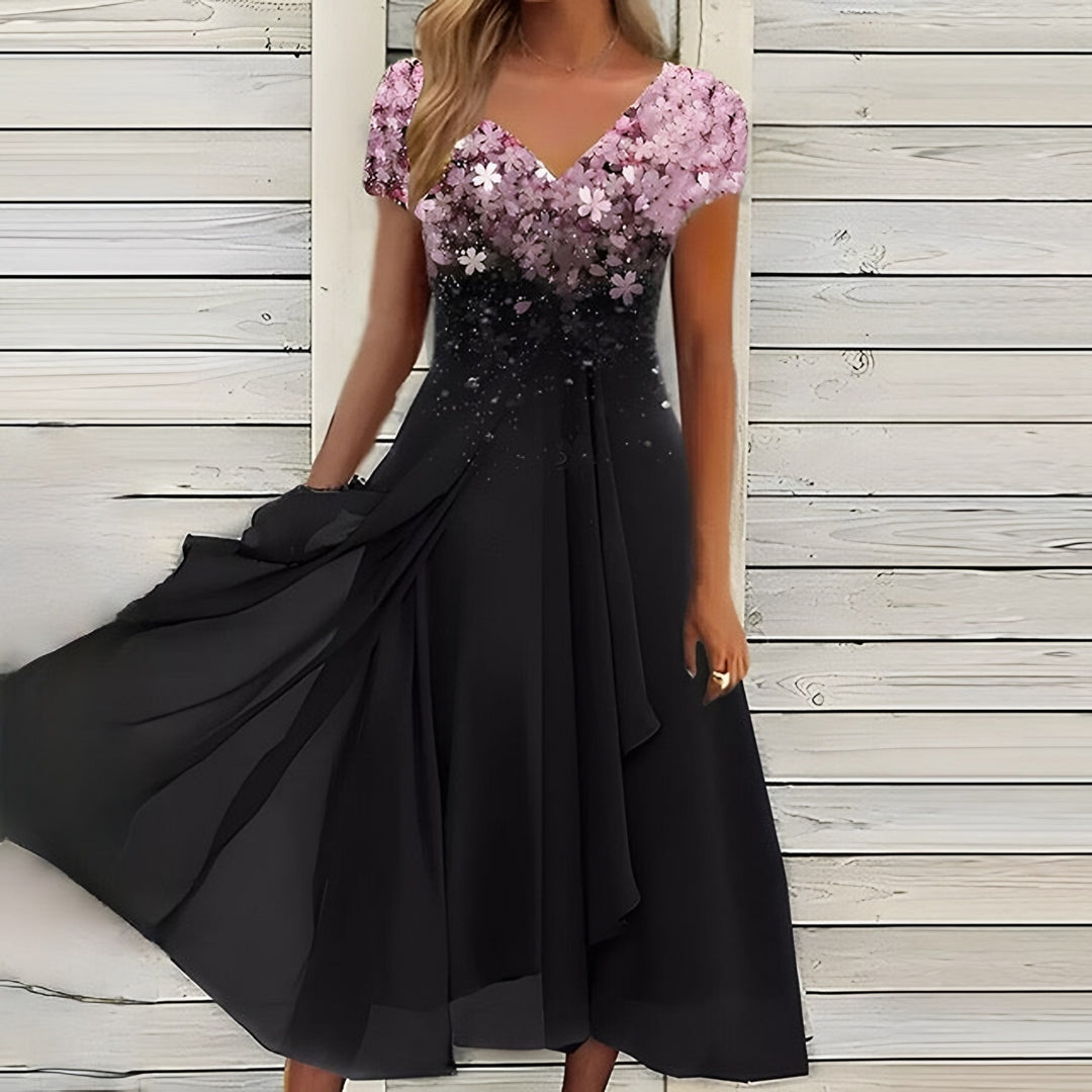 Laura — Vestito di Pizzo Donna Lungo a Fiori con Scollo a V in Chiffon, Lina Milano