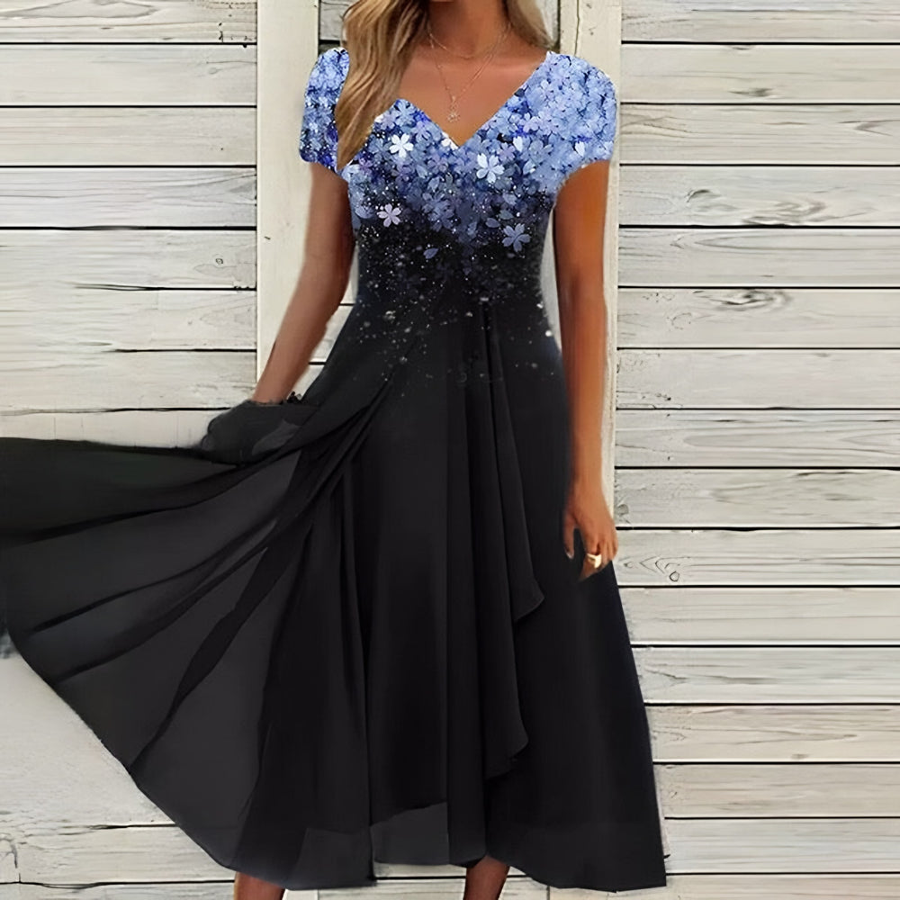 Laura — Vestito di Pizzo Donna Lungo a Fiori con Scollo a V in Chiffon, Lina Milano