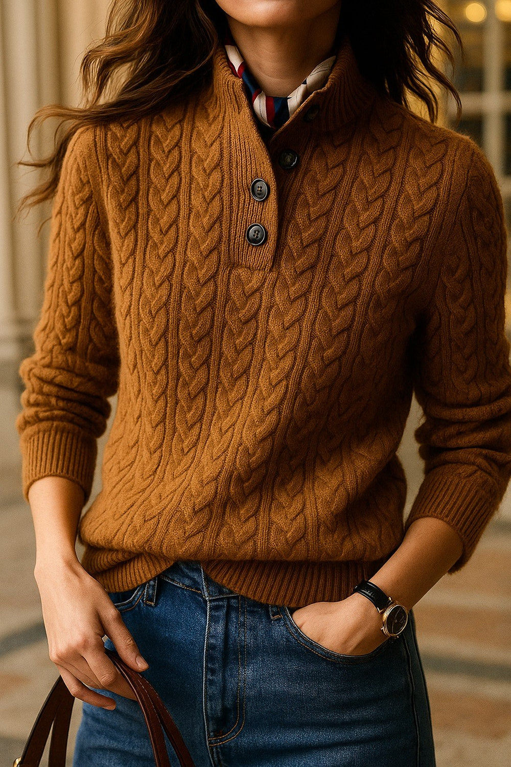 Lavinia — Maglia in Cashmere Donna a Trecce con Bottoni al Collo, Lina Milano