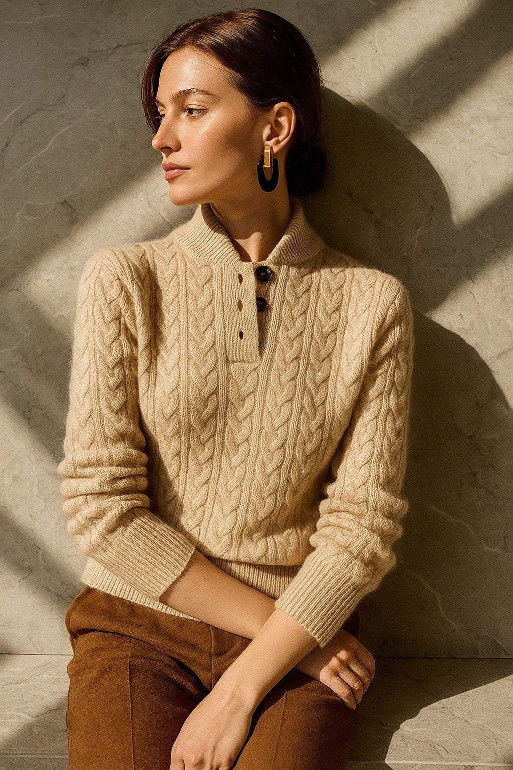 Lavinia — Maglia in Cashmere Donna a Trecce con Bottoni al Collo, Lina Milano