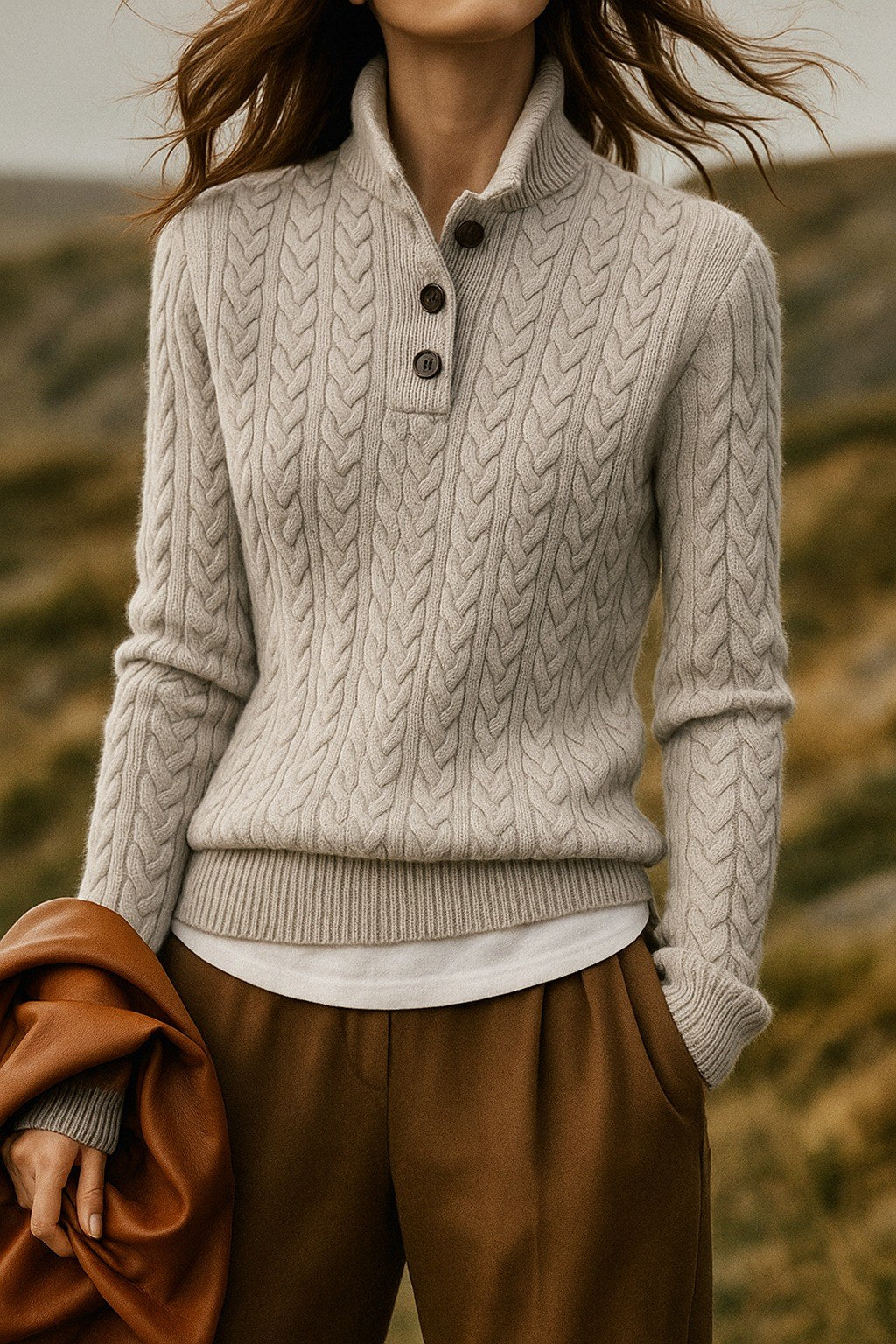 Lavinia — Maglia in Cashmere Donna a Trecce con Bottoni al Collo, Lina Milano