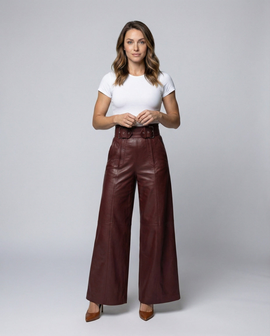 Marianna — Pantaloni in Pelle Donna Larghi a Vita Alta con Cintura, Lina Milano