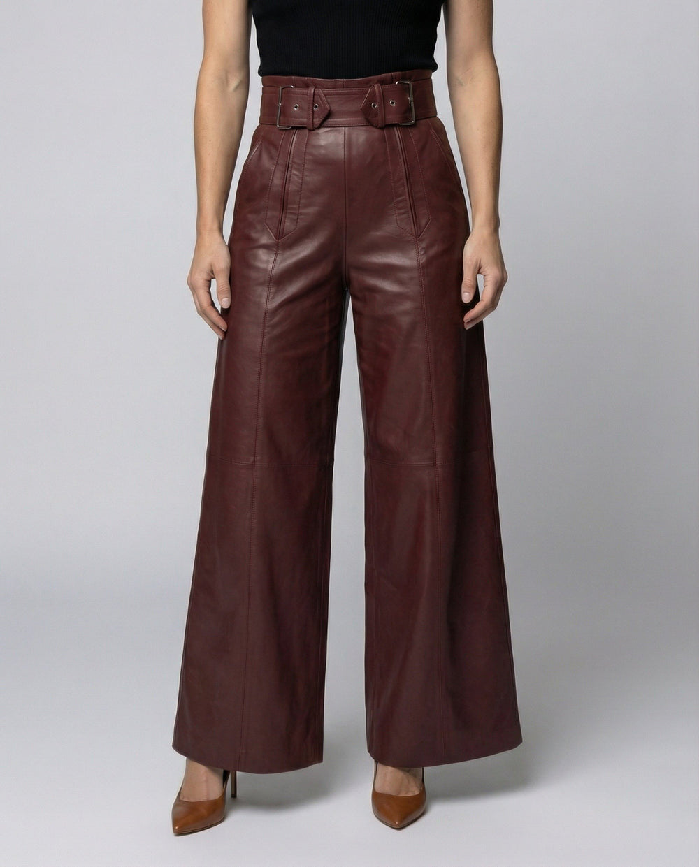 Marianna — Pantaloni in Pelle Donna Larghi a Vita Alta con Cintura, Lina Milano