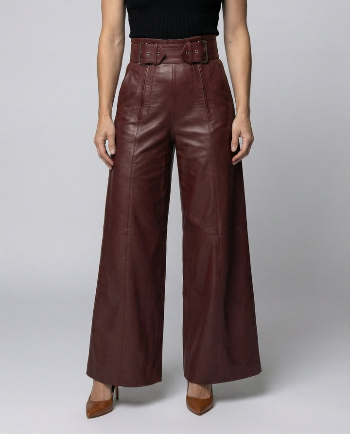 Marianna — Pantaloni in Pelle Donna Larghi a Vita Alta con Cintura, Lina Milano