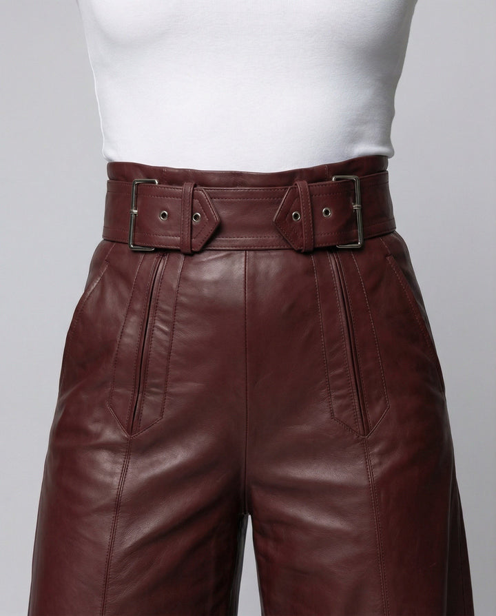 Marianna — Pantaloni in Pelle Donna Larghi a Vita Alta con Cintura, Lina Milano