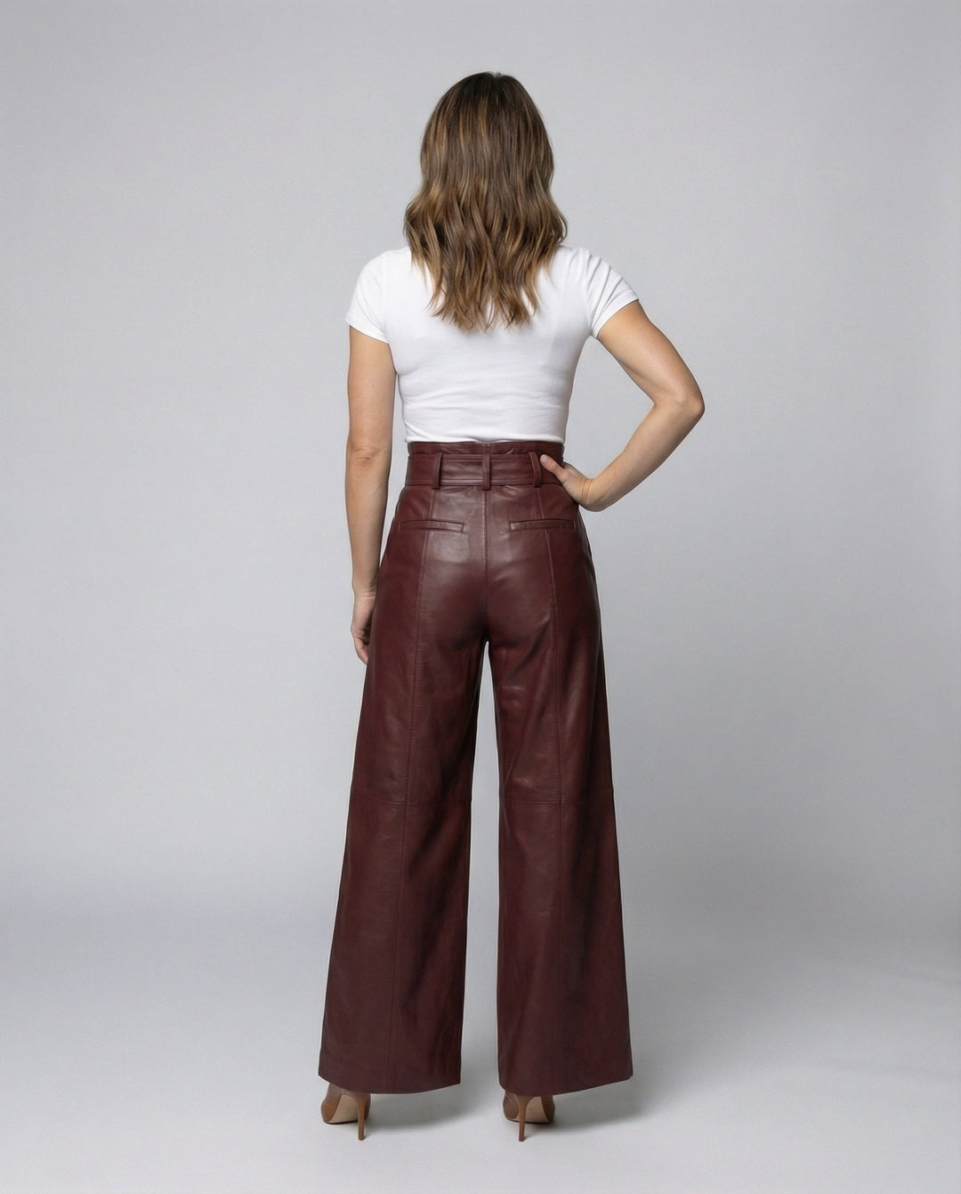 Marianna — Pantaloni in Pelle Donna Larghi a Vita Alta con Cintura, Lina Milano