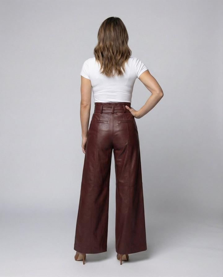 Marianna — Pantaloni in Pelle Donna Larghi a Vita Alta con Cintura, Lina Milano