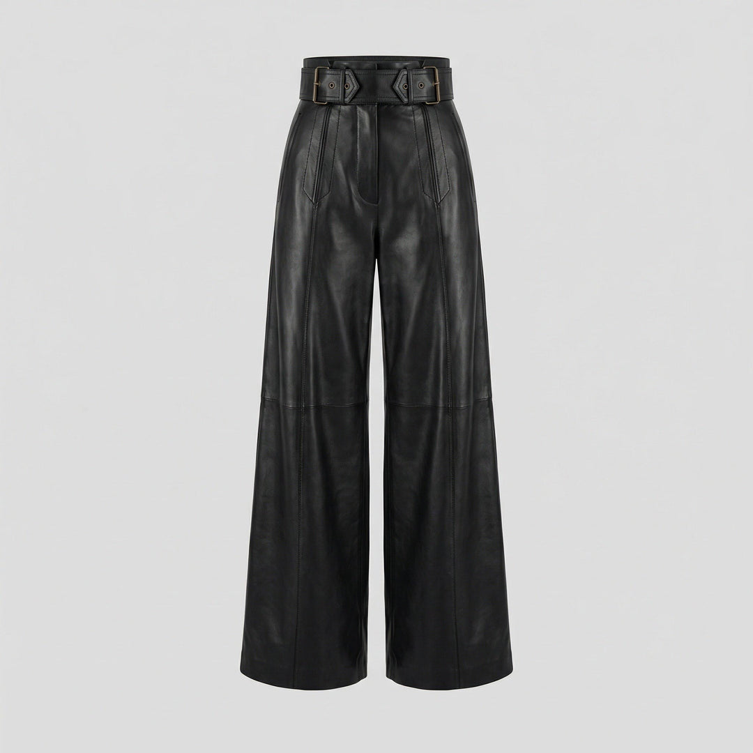 Marianna — Pantaloni in Pelle Donna Larghi a Vita Alta con Cintura, Lina Milano