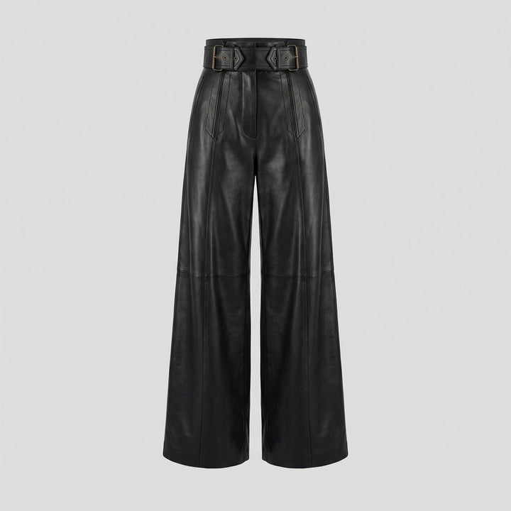 Marianna — Pantaloni in Pelle Donna Larghi a Vita Alta con Cintura, Lina Milano