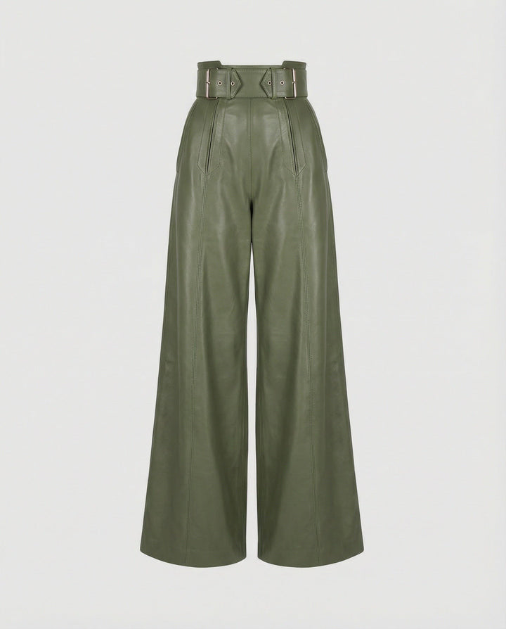 Marianna — Pantaloni in Pelle Donna Larghi a Vita Alta con Cintura, Lina Milano