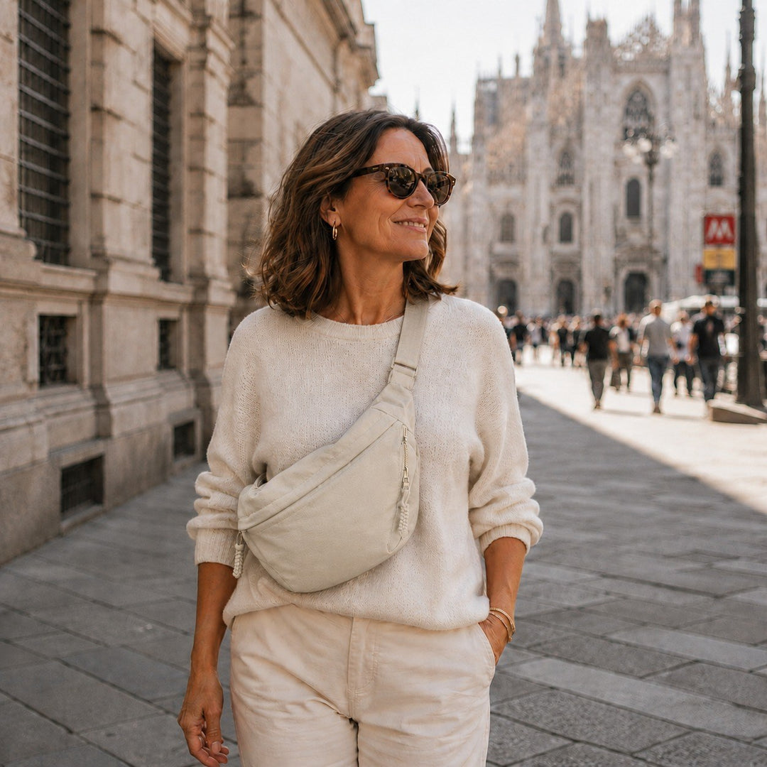 Marina — Borsa Donna a Spalla in Nylon a Mezzaluna con Tasche e Tracolla, Lina Milano
