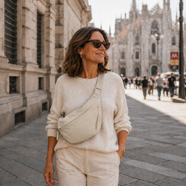 Marina — Borsa Donna a Spalla in Nylon a Mezzaluna con Tasche e Tracolla, Lina Milano