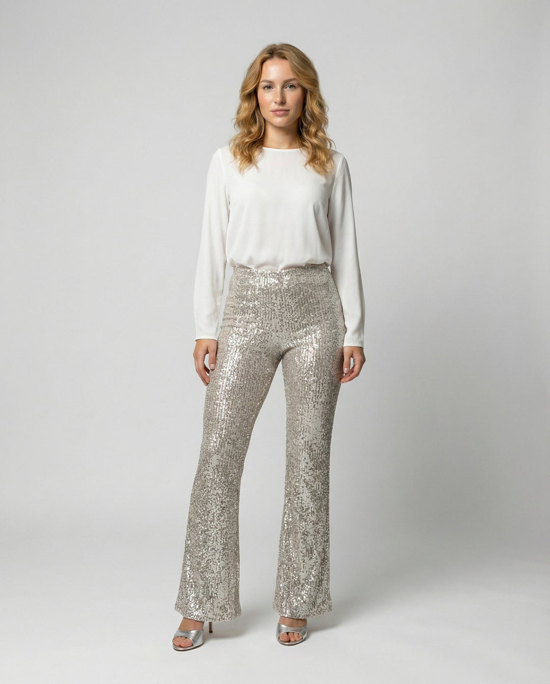Nicoletta — Pantaloni con Paillettes Donna a Zampa a Vita Alta da Sera, Lina Milano