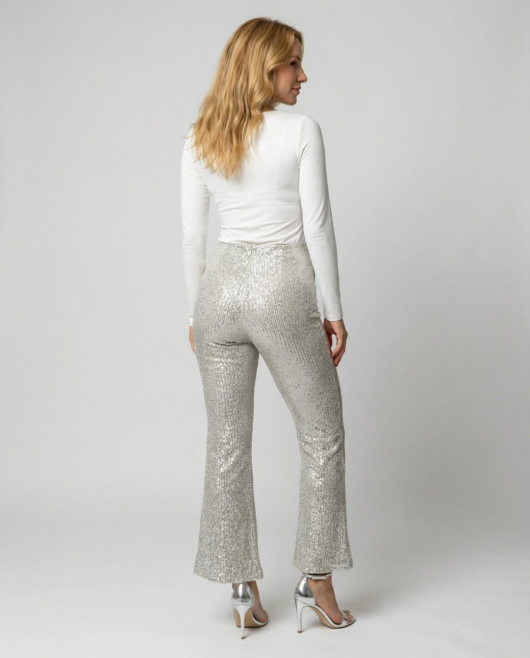 Nicoletta — Pantaloni con Paillettes Donna a Zampa a Vita Alta da Sera, Lina Milano