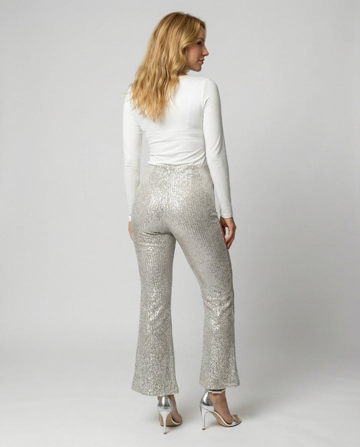 Nicoletta — Pantaloni con Paillettes Donna a Zampa a Vita Alta da Sera, Lina Milano