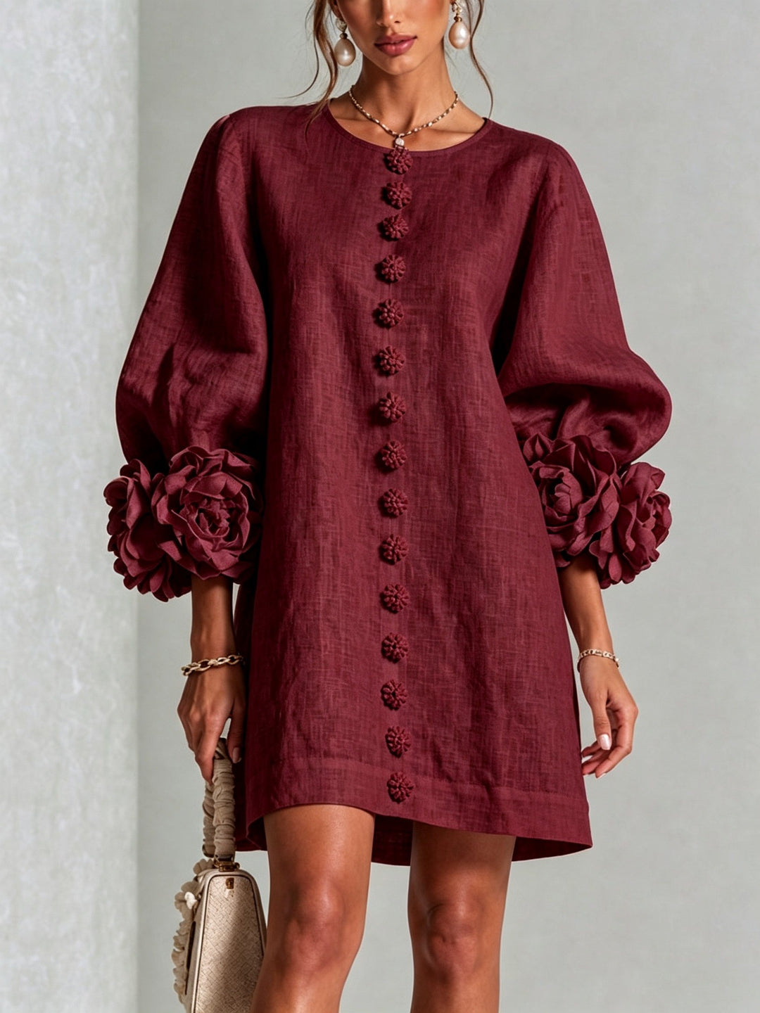 Ottavia — Vestito Donna Corto Dritto con Bottoni e Fiori ai Polsi, Lina Milano